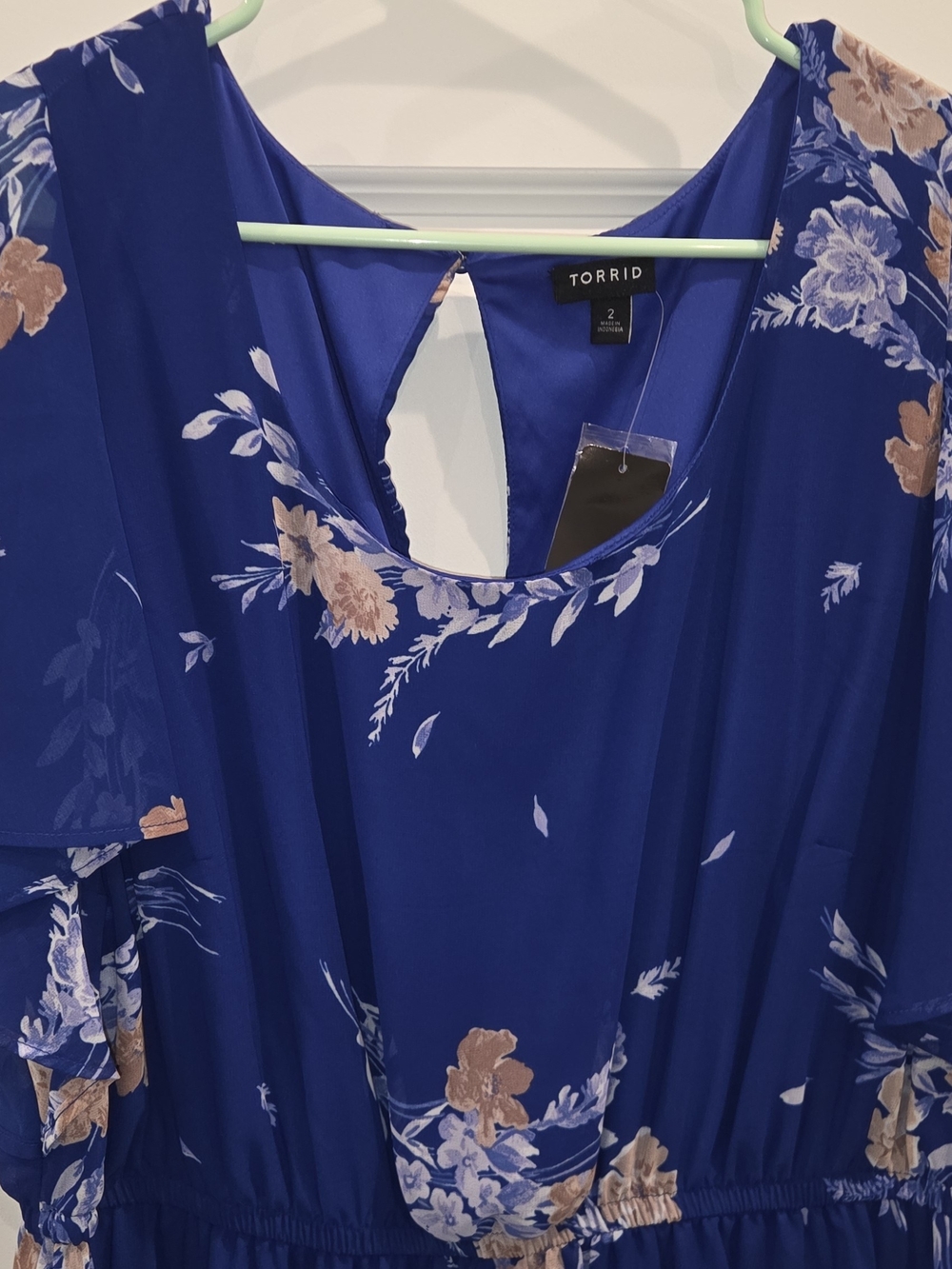 torrid Blue Floral Tiered Midi Dress with Cream and Tan Blooms - Picture 3 of 10